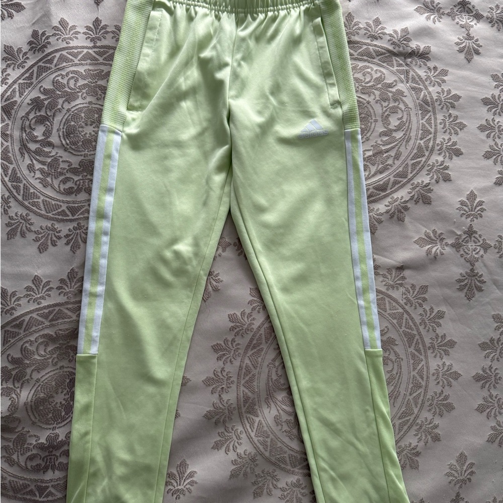 adidas Light Green Track Pants with White Side Stripes small 9-10girls